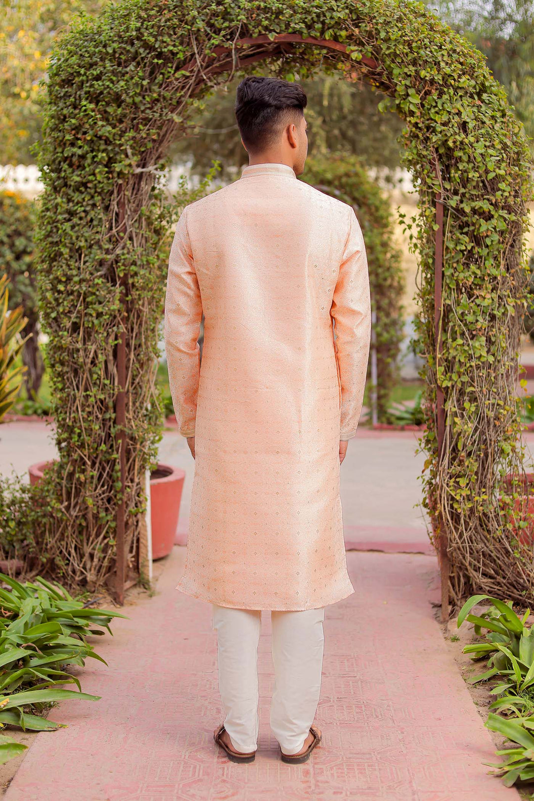 Peach Brocade Silk Kurta Suit Looped Buttons.