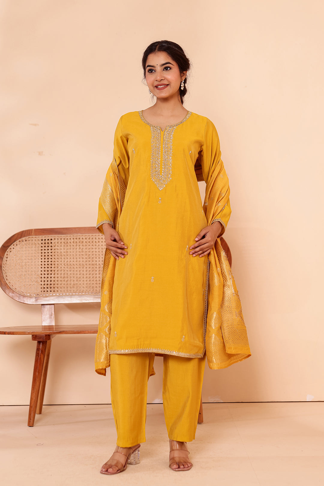 Mustard Soft Shimmer Silk Straight Cut Kurta Set.