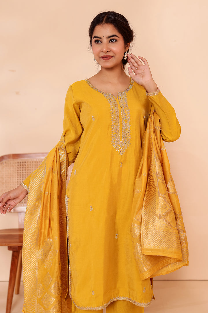 Mustard Soft Shimmer Silk Straight Cut Kurta Set.