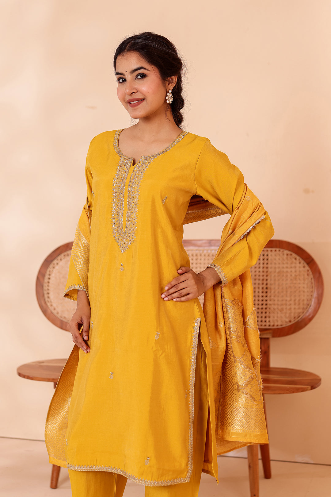 Mustard Soft Shimmer Silk Straight Cut Kurta Set.
