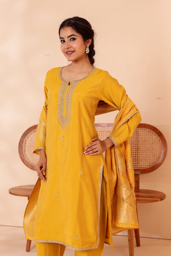 Mustard Soft Shimmer Silk Straight Cut Kurta Set.