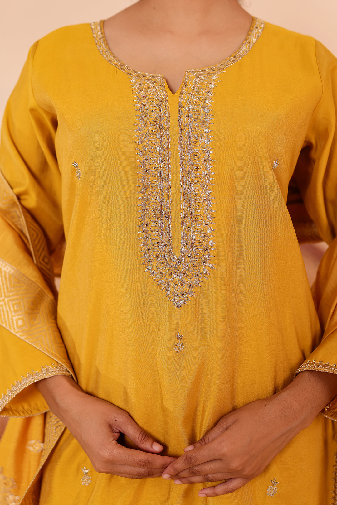 Mustard Soft Shimmer Silk Straight Cut Kurta Set.