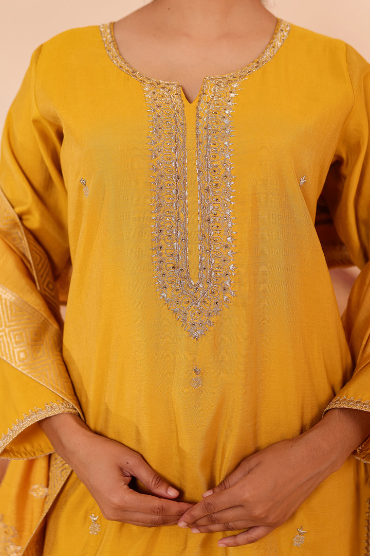 Mustard Soft Shimmer Silk Straight Cut Kurta Set.