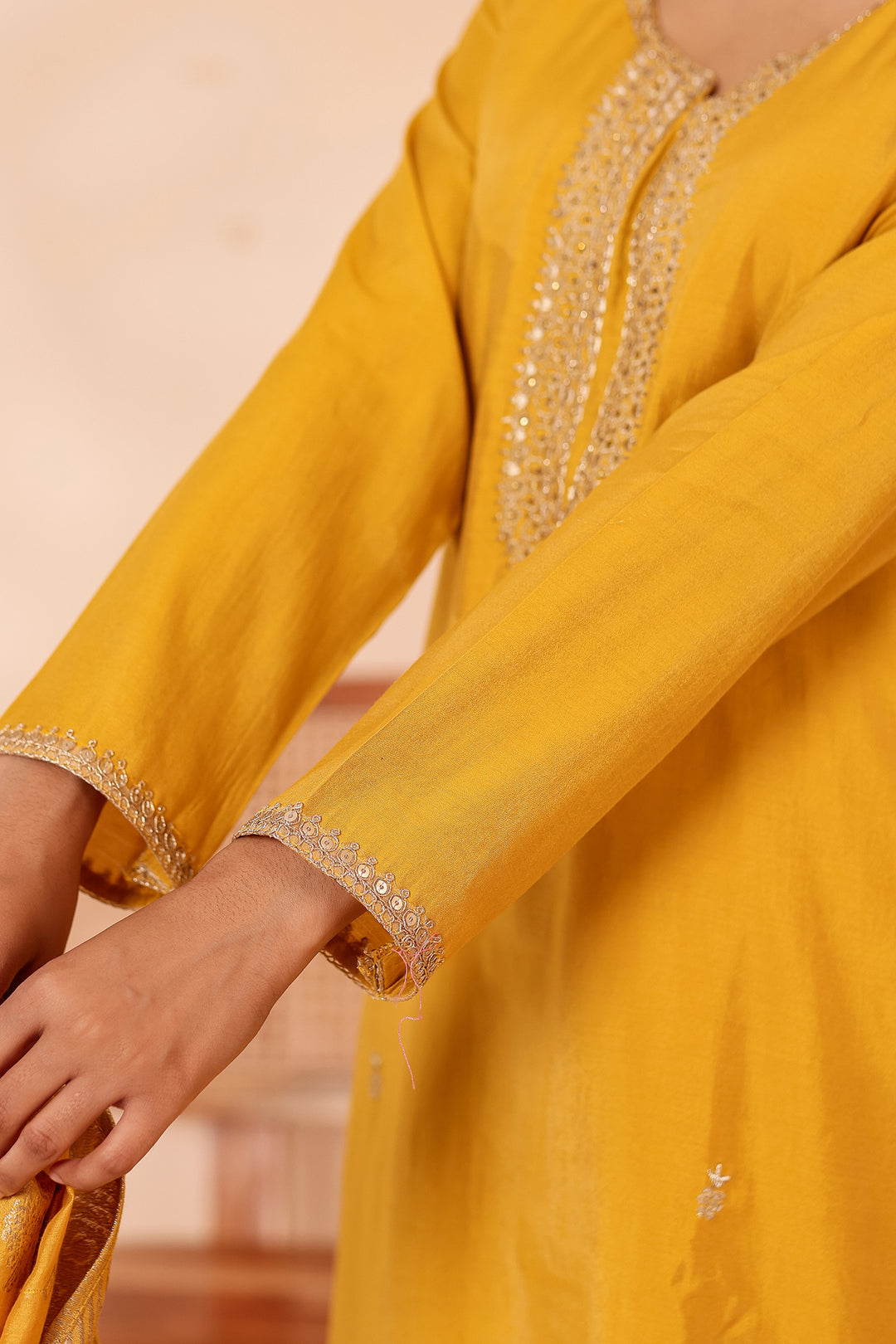 Mustard Soft Shimmer Silk Straight Cut Kurta Set.