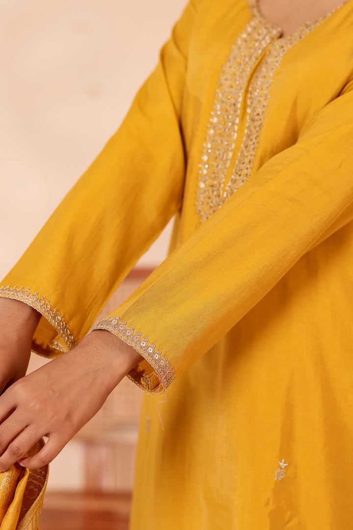 Mustard Soft Shimmer Silk Straight Cut Kurta Set.