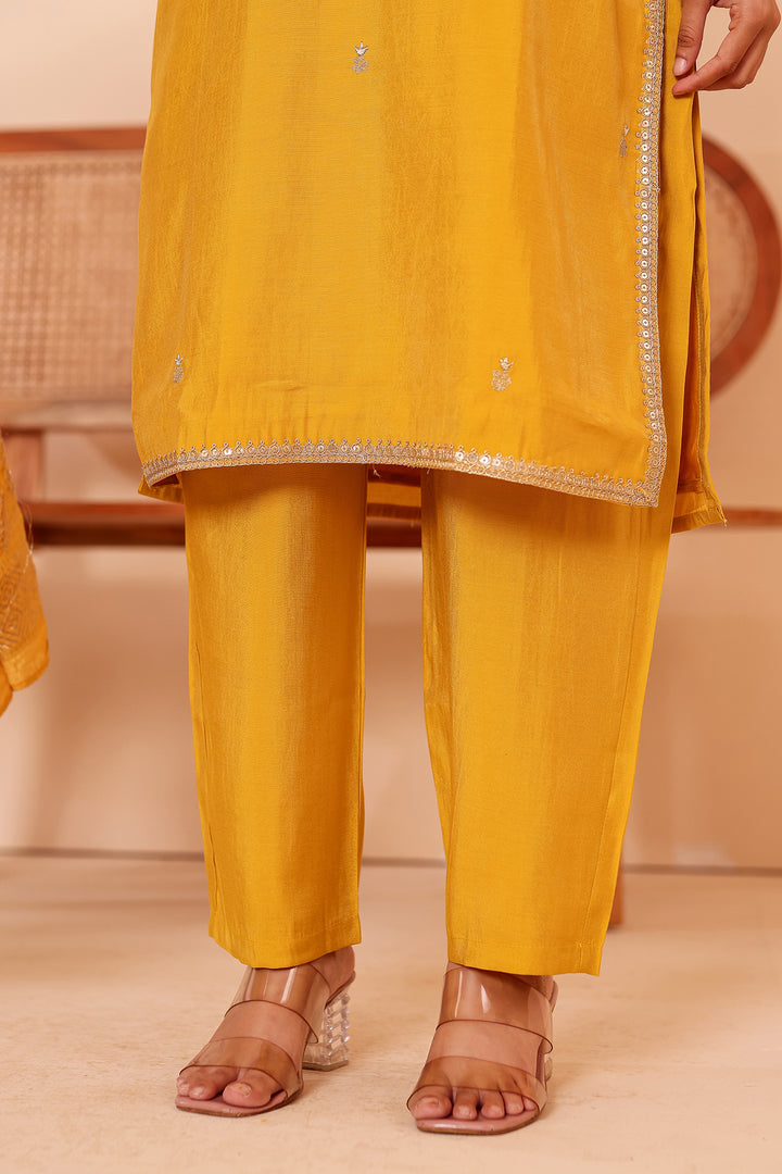 Mustard Soft Shimmer Silk Straight Cut Kurta Set.
