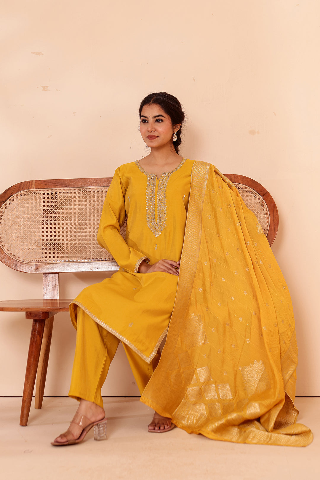 Mustard Soft Shimmer Silk Straight Cut Kurta Set.