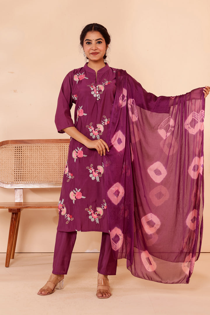 Purple Roman Silk Straight Cut Kurta Set.
