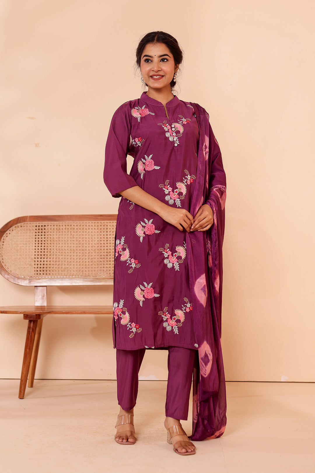 Purple Roman Silk Straight Cut Kurta Set.