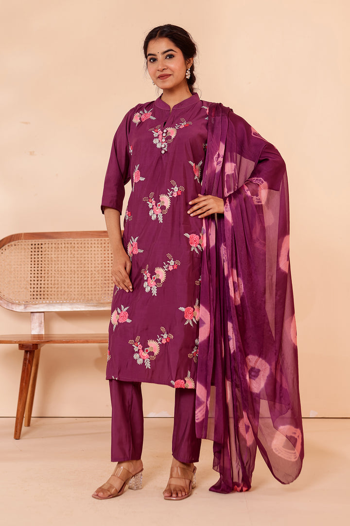 Purple Roman Silk Straight Cut Kurta Set.