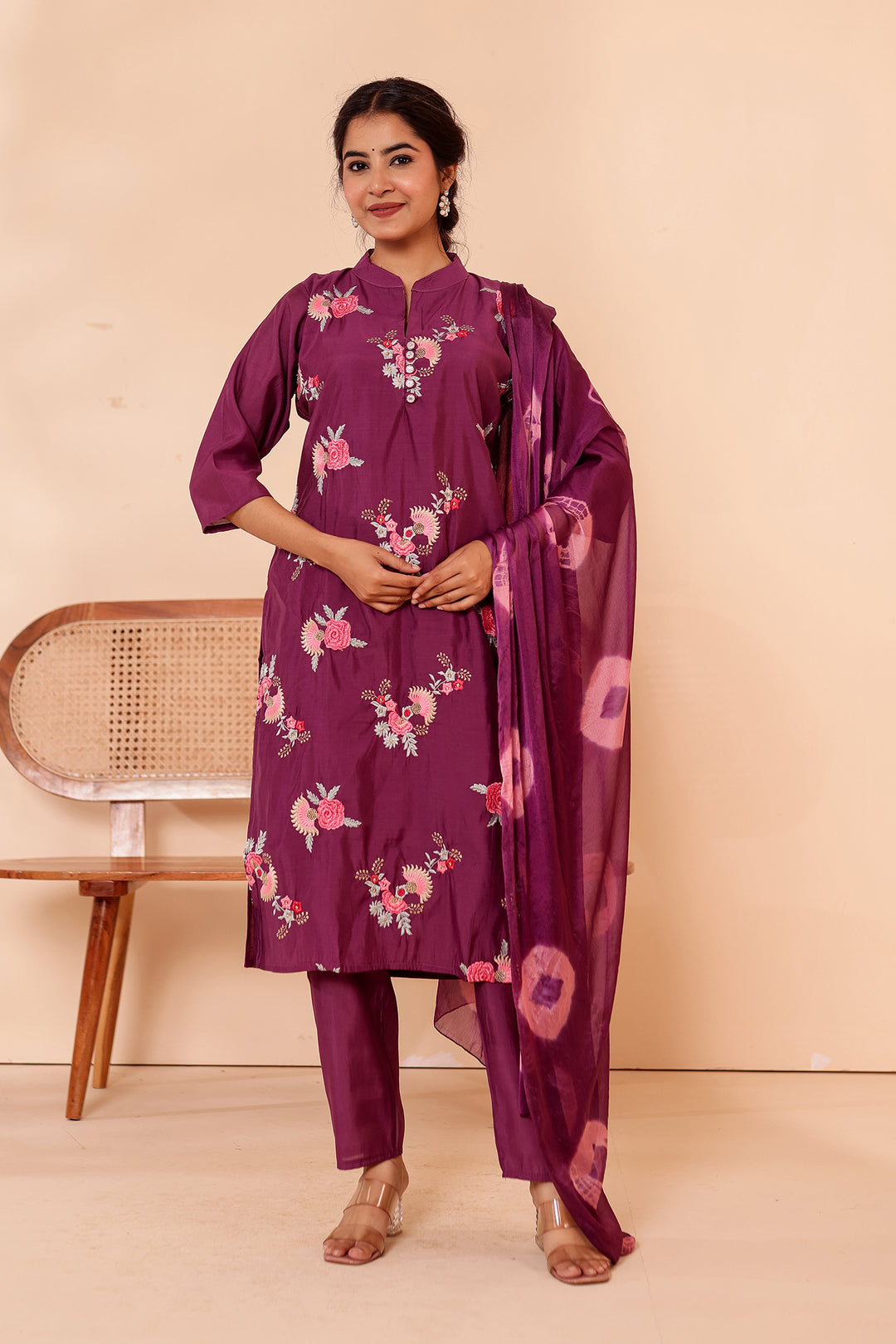 Purple Roman Silk Straight Cut Kurta Set.