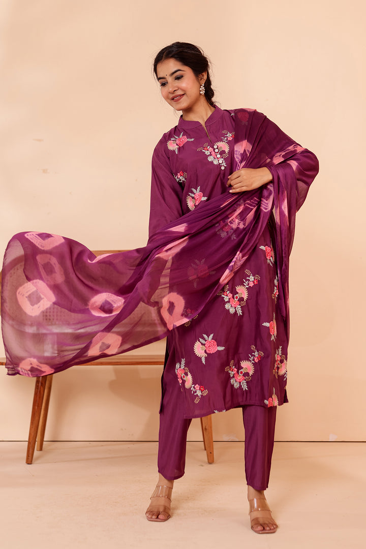 Purple Roman Silk Straight Cut Kurta Set.