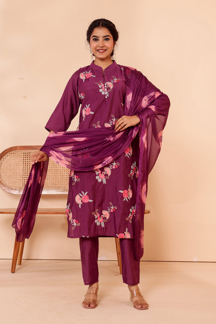 Purple Roman Silk Straight Cut Kurta Set.