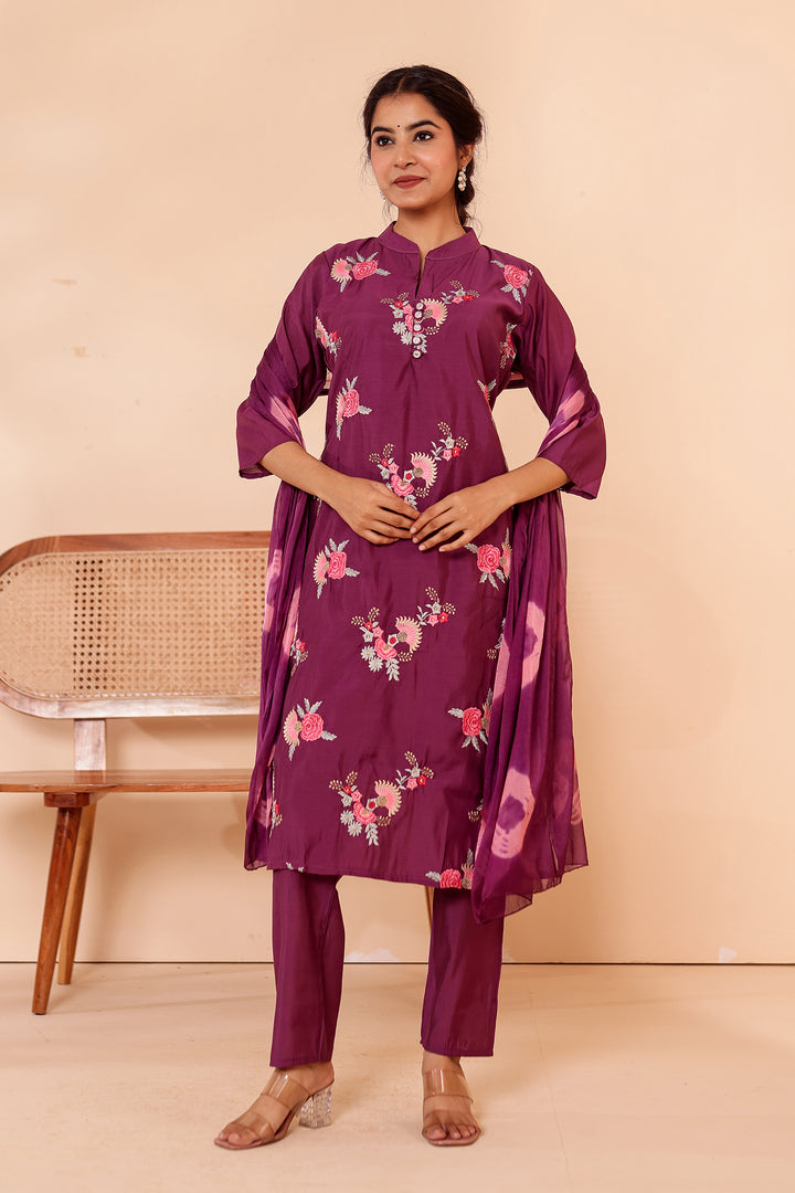 Purple Roman Silk Straight Cut Kurta Set.