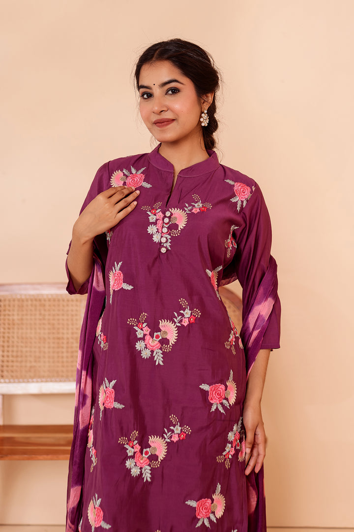 Purple Roman Silk Straight Cut Kurta Set.