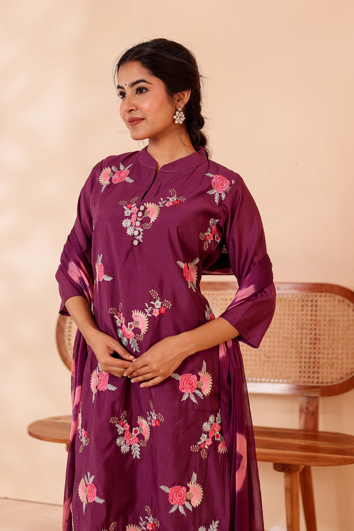 Purple Roman Silk Straight Cut Kurta Set.
