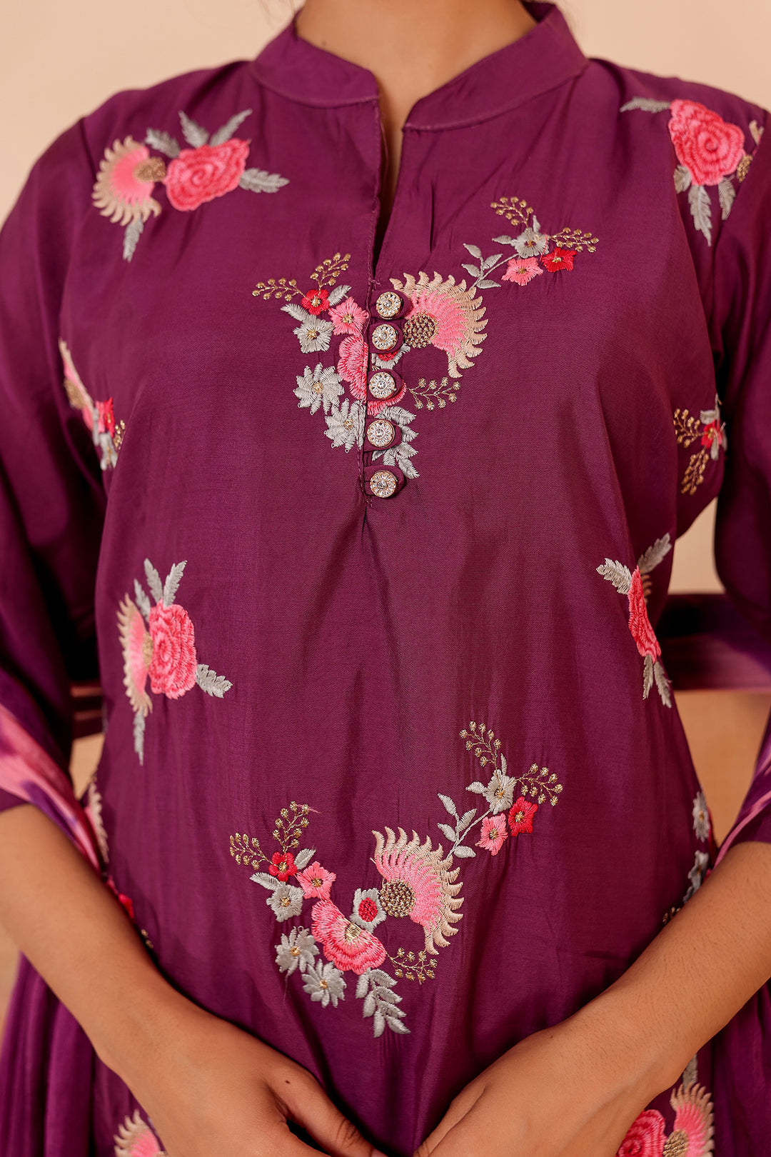Purple Roman Silk Straight Cut Kurta Set.