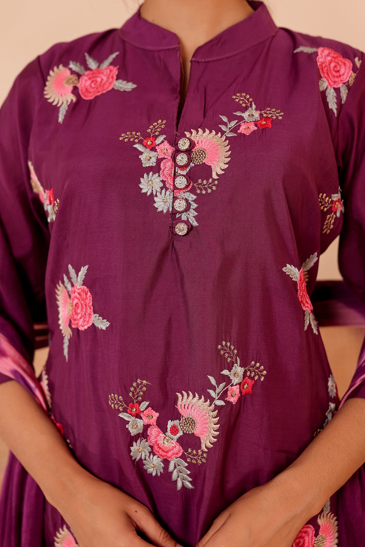 Purple Roman Silk Straight Cut Kurta Set.