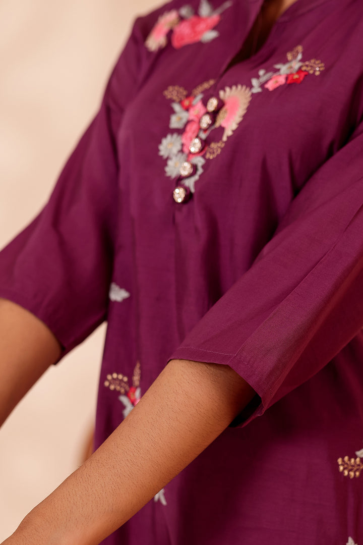 Purple Roman Silk Straight Cut Kurta Set.