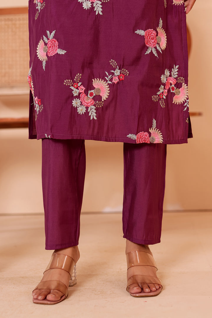 Purple Roman Silk Straight Cut Kurta Set.