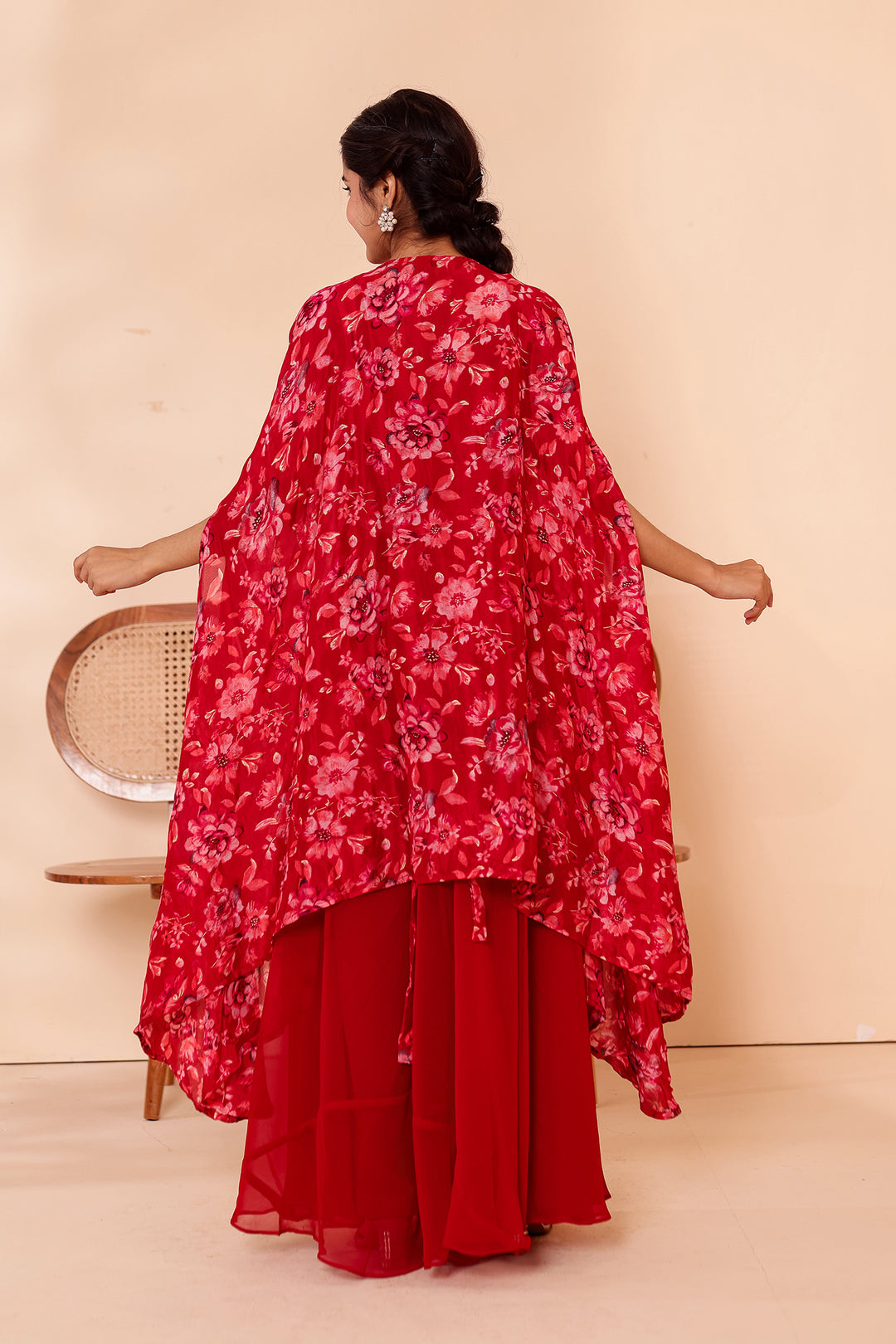 Cherry Red Indo-western Style with Flared Palazzo Suit.