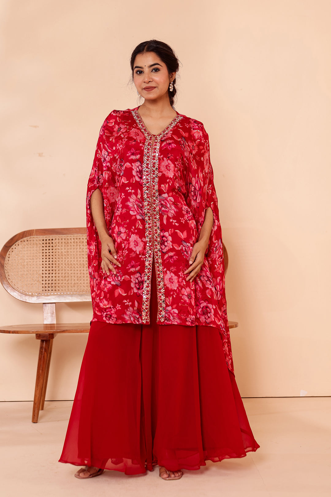 Cherry Red Indo-western Style with Flared Palazzo Suit.