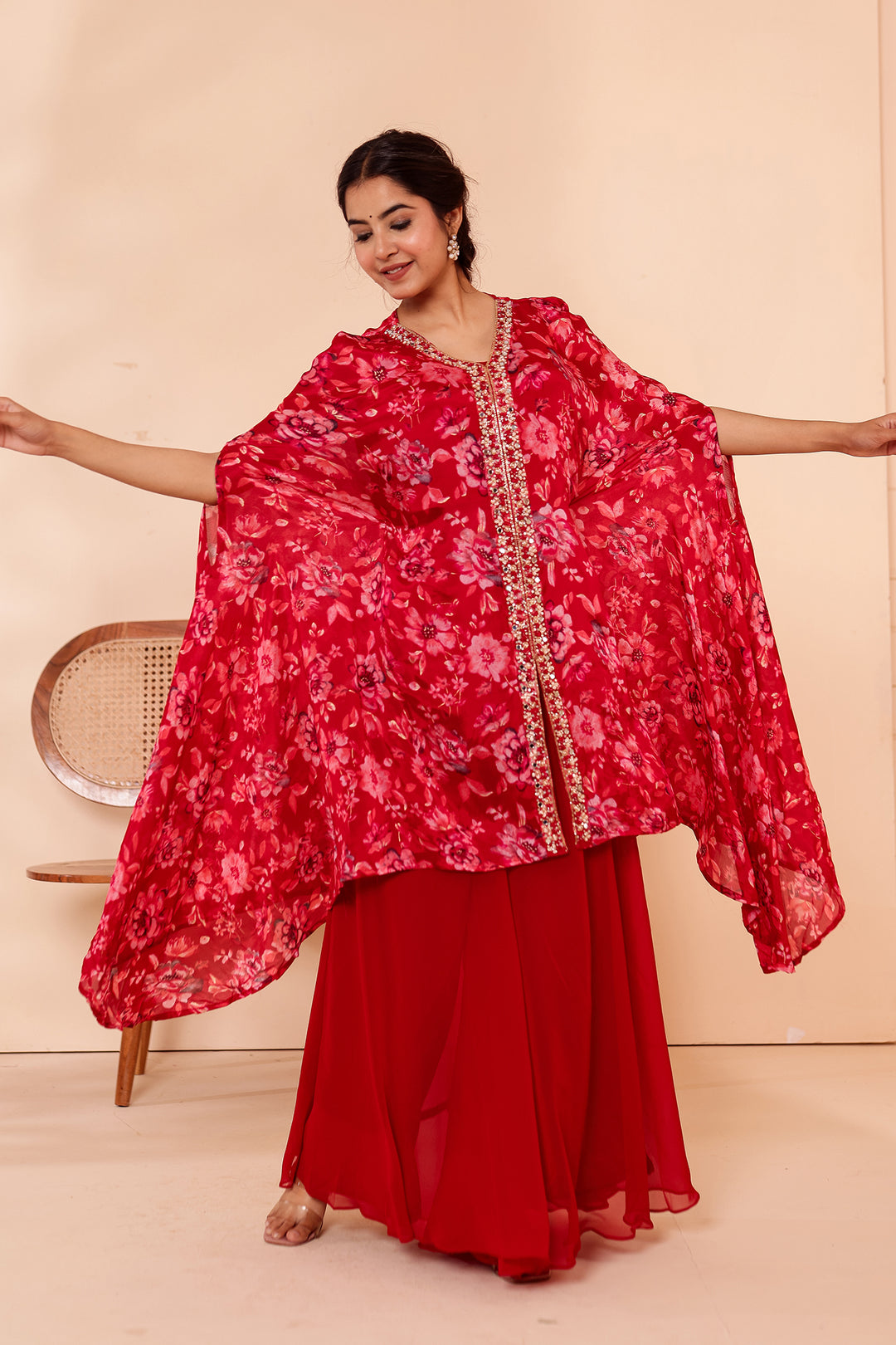 Cherry Red Indo-western Style with Flared Palazzo Suit.