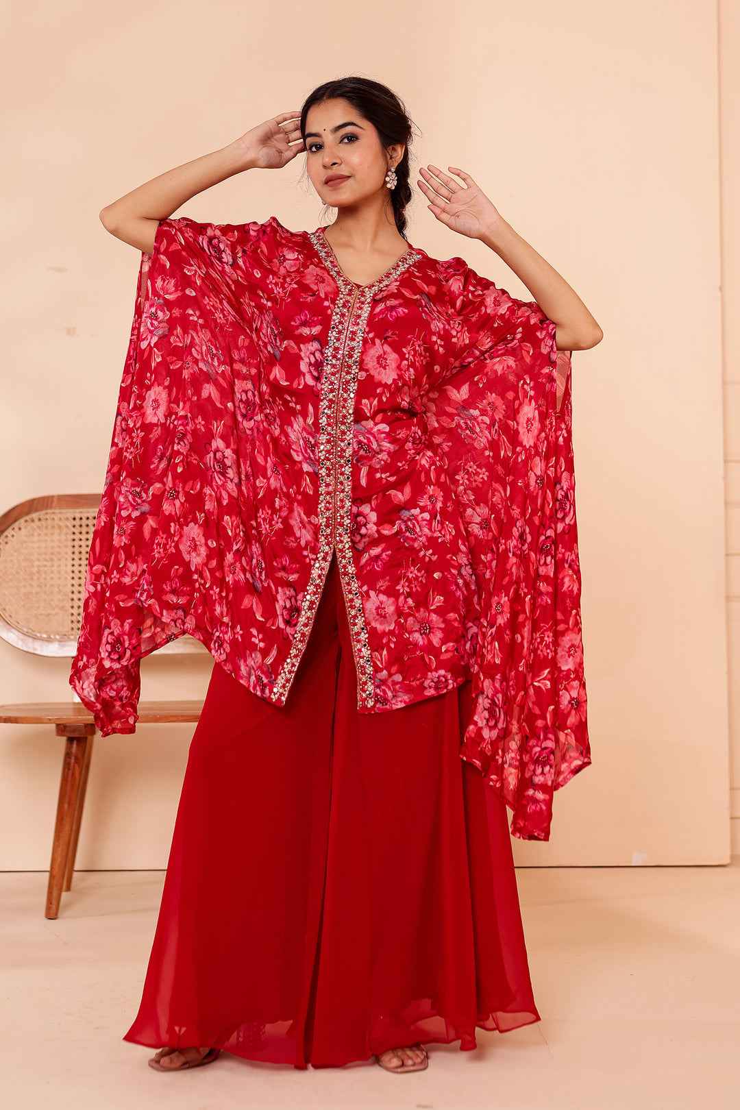 Cherry Red Indo-western Style with Flared Palazzo Suit.