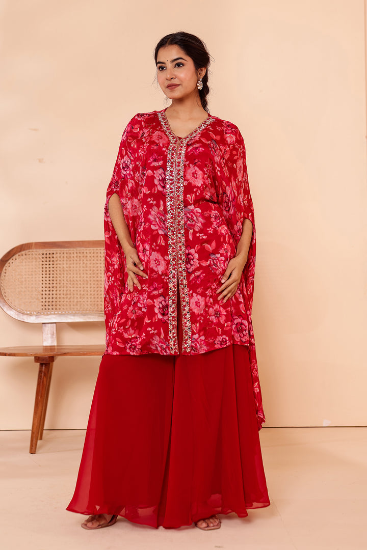 Cherry Red Indo-western Style with Flared Palazzo Suit.