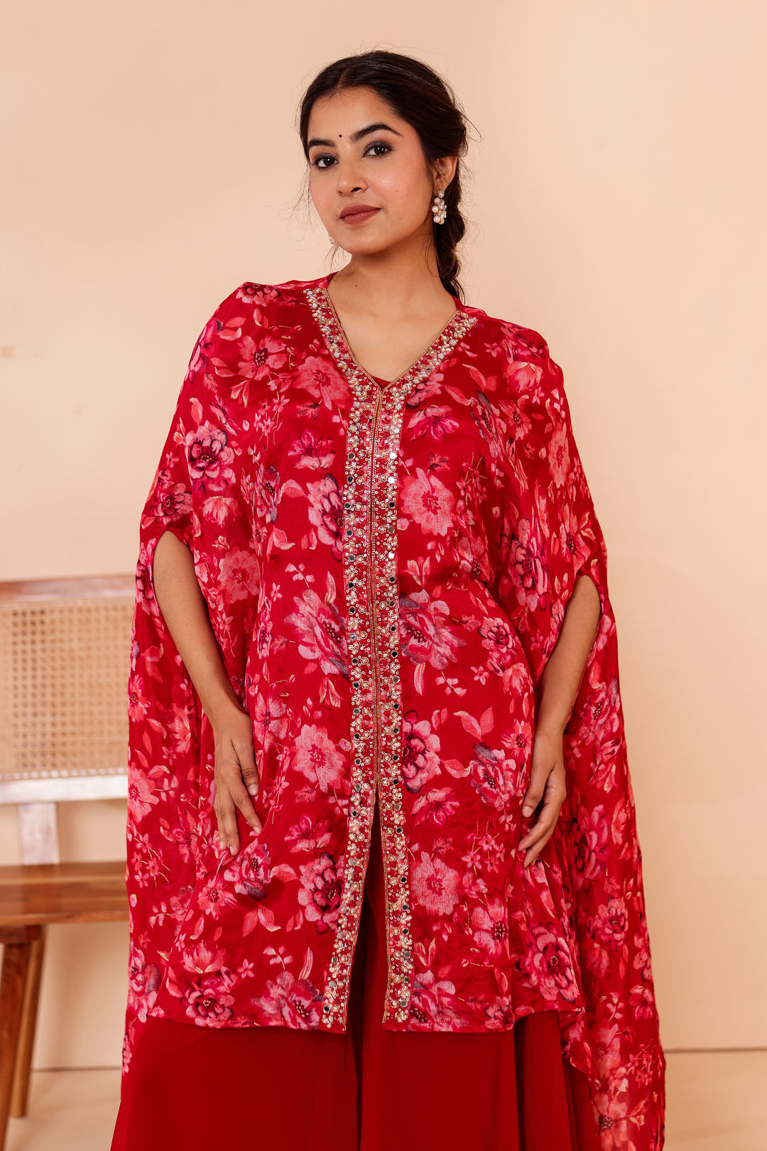 Cherry Red Indo-western Style with Flared Palazzo Suit.