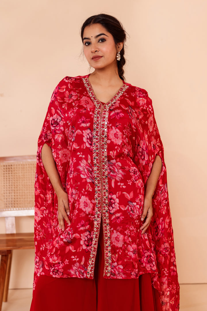 Cherry Red Indo-western Style with Flared Palazzo Suit.