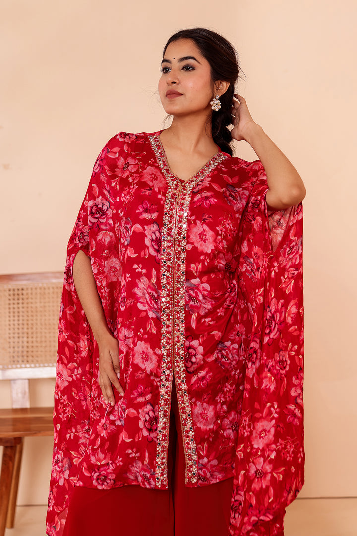 Cherry Red Indo-western Style with Flared Palazzo Suit.