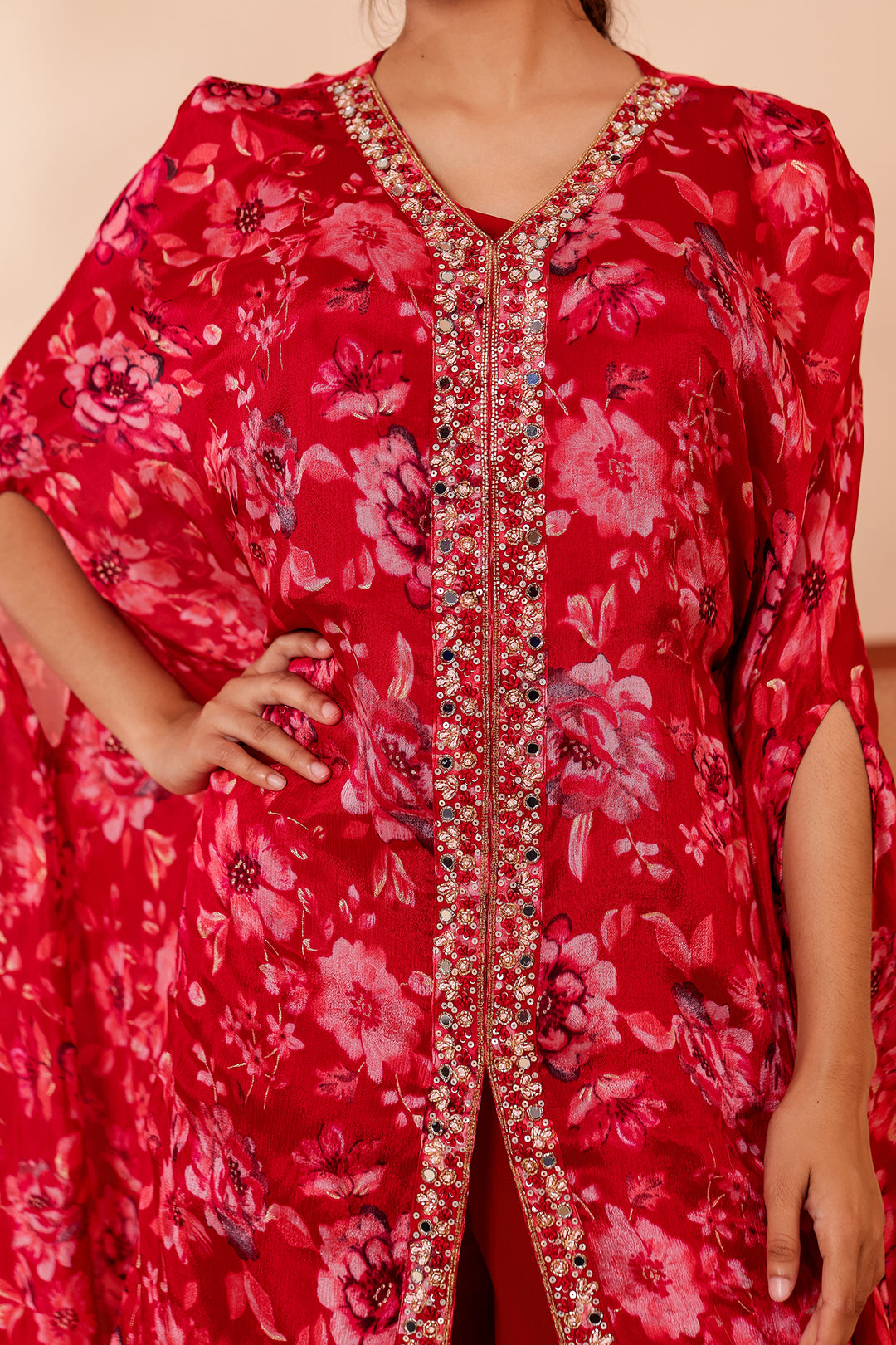 Cherry Red Indo-western Style with Flared Palazzo Suit.