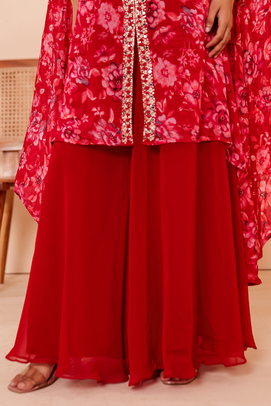 Cherry Red Indo-western Style with Flared Palazzo Suit.