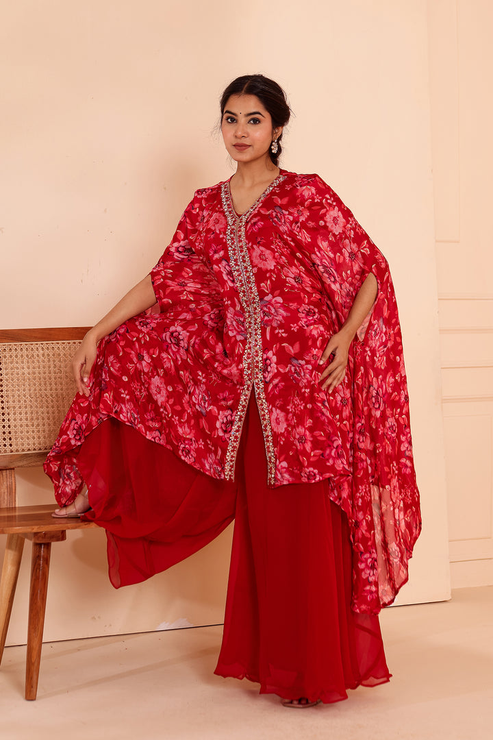 Cherry Red Indo-western Style with Flared Palazzo Suit.