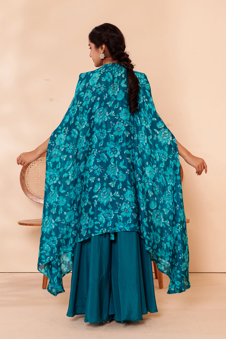 Teal Blue Indo-western Style with Flared Palazzo Suit.