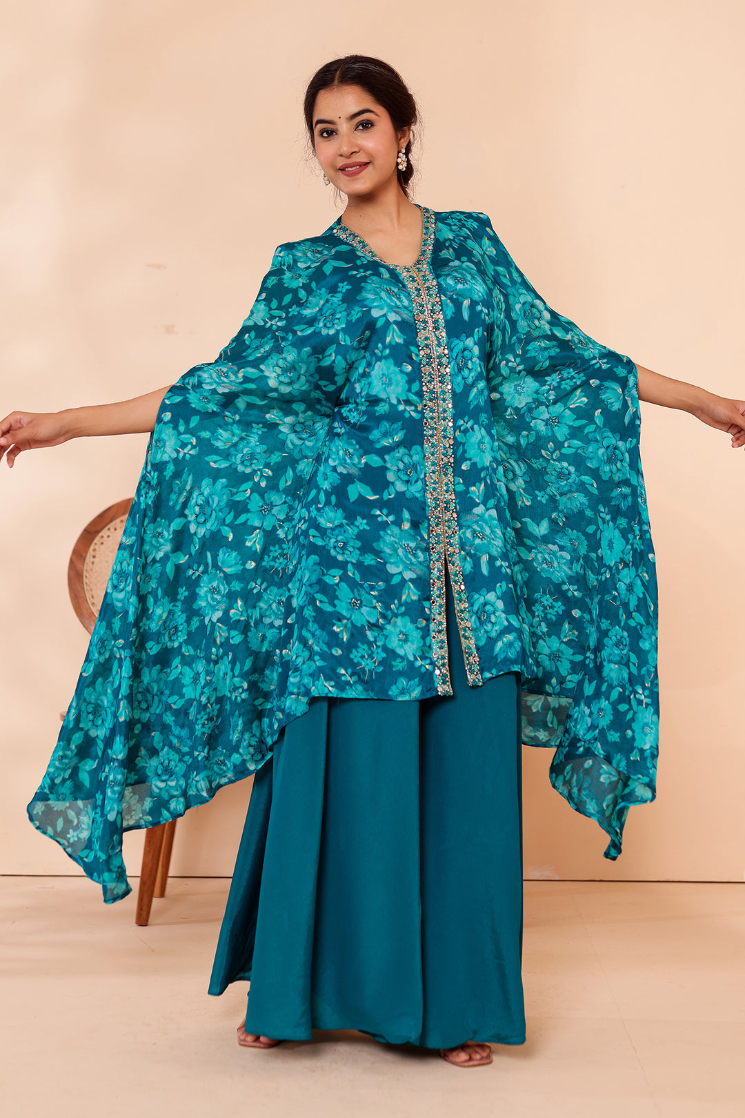 Teal Blue Indo-western Style with Flared Palazzo Suit.