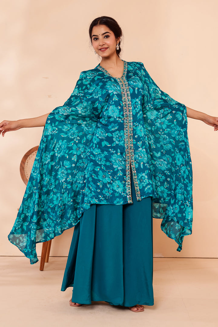 Teal Blue Indo-western Style with Flared Palazzo Suit.