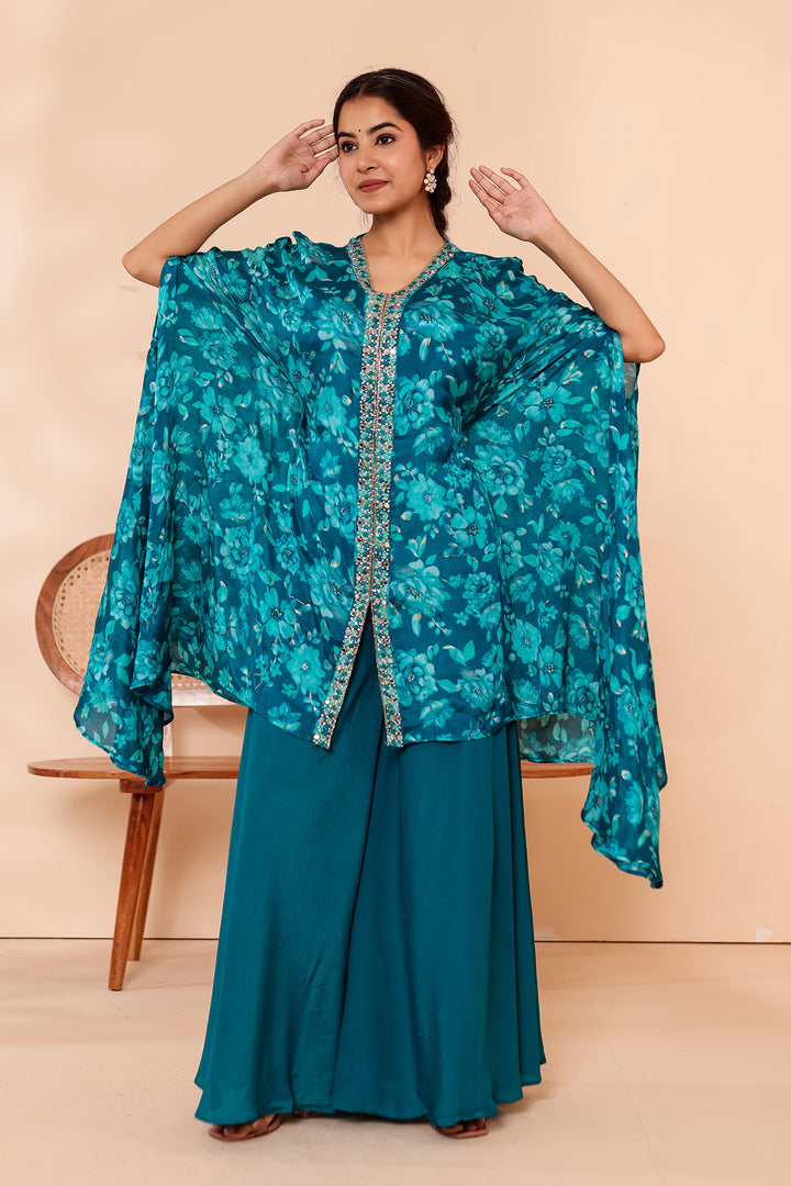 Teal Blue Indo-western Style with Flared Palazzo Suit.
