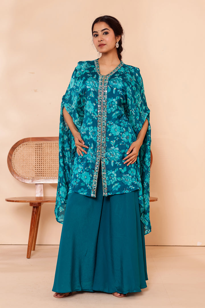 Teal Blue Indo-western Style with Flared Palazzo Suit.