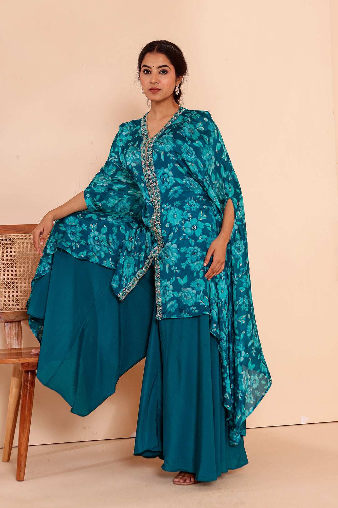 Teal Blue Indo-western Style with Flared Palazzo Suit.