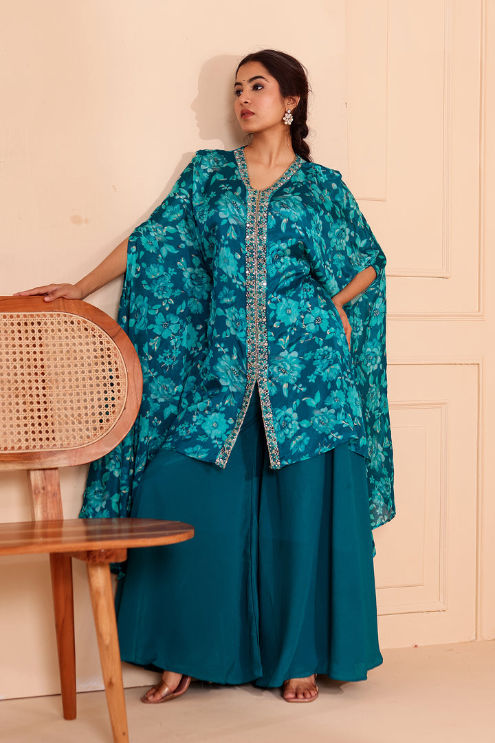 Teal Blue Indo-western Style with Flared Palazzo Suit.