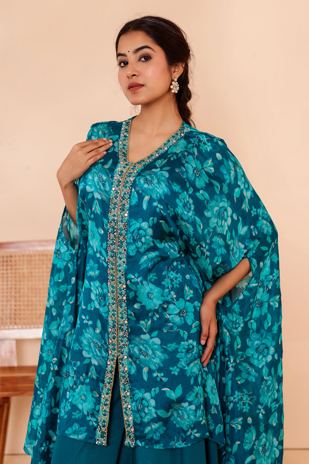 Teal Blue Indo-western Style with Flared Palazzo Suit.
