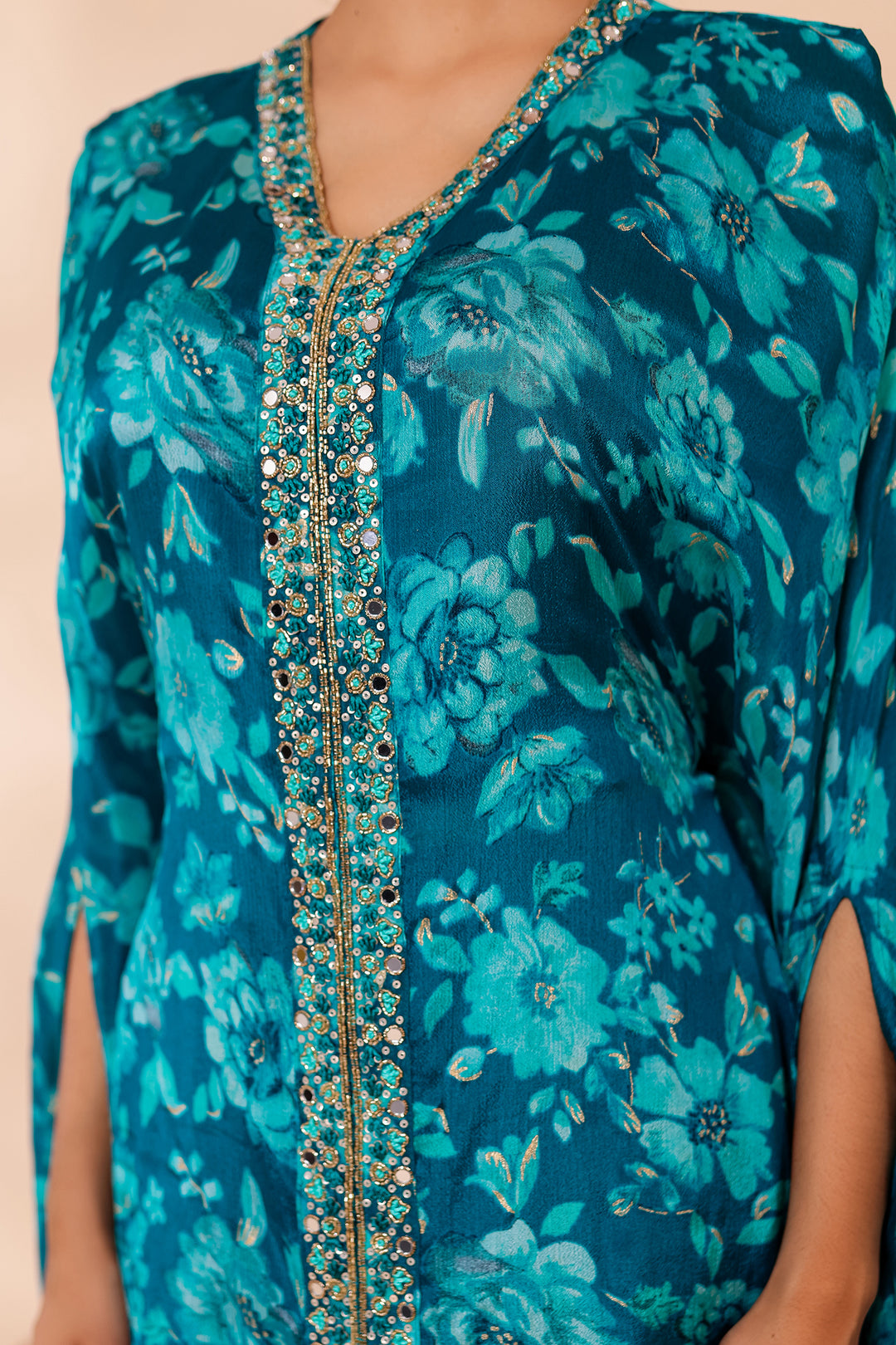 Teal Blue Indo-western Style with Flared Palazzo Suit.