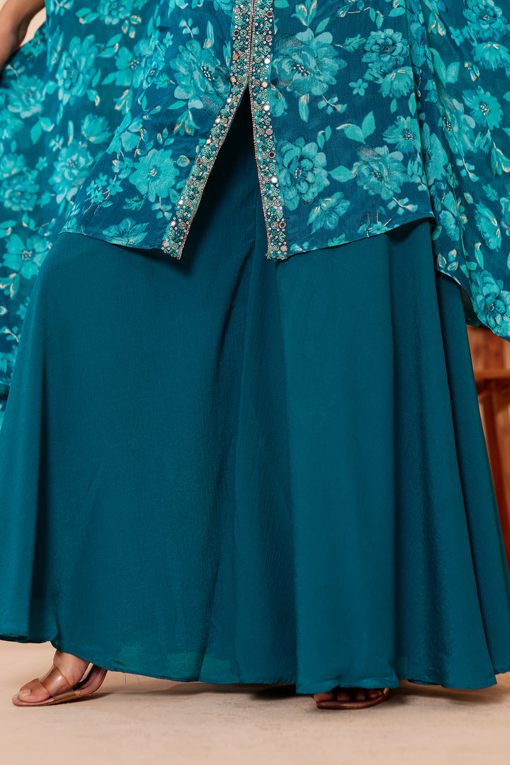 Teal Blue Indo-western Style with Flared Palazzo Suit.