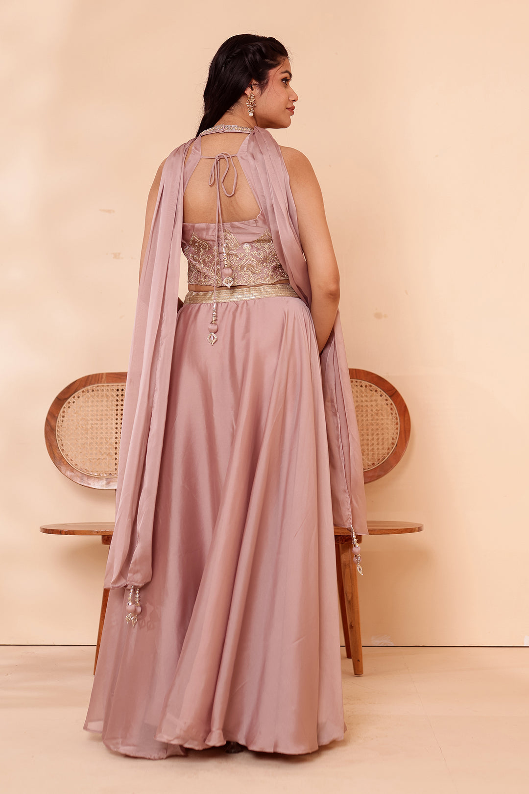 Light Taupe Crepe Tissue Silk Lehenga Choli.