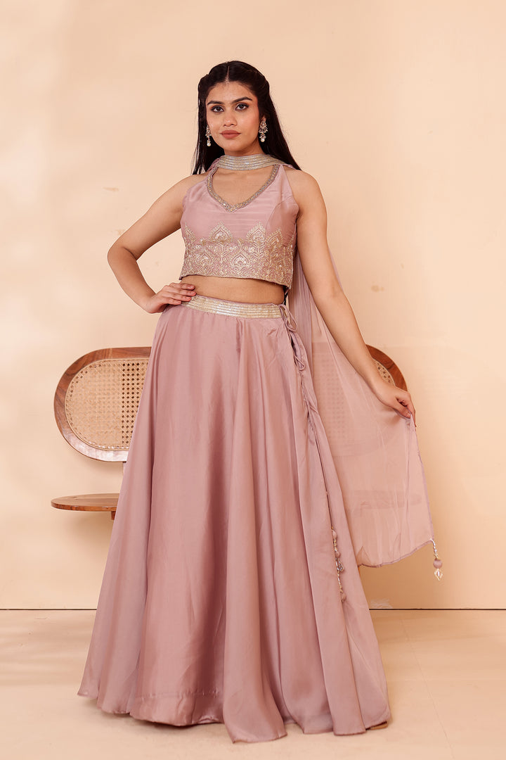 Light Taupe Crepe Tissue Silk Lehenga Choli.