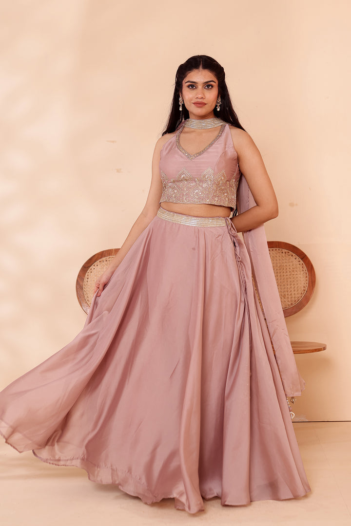 Light Taupe Crepe Tissue Silk Lehenga Choli.
