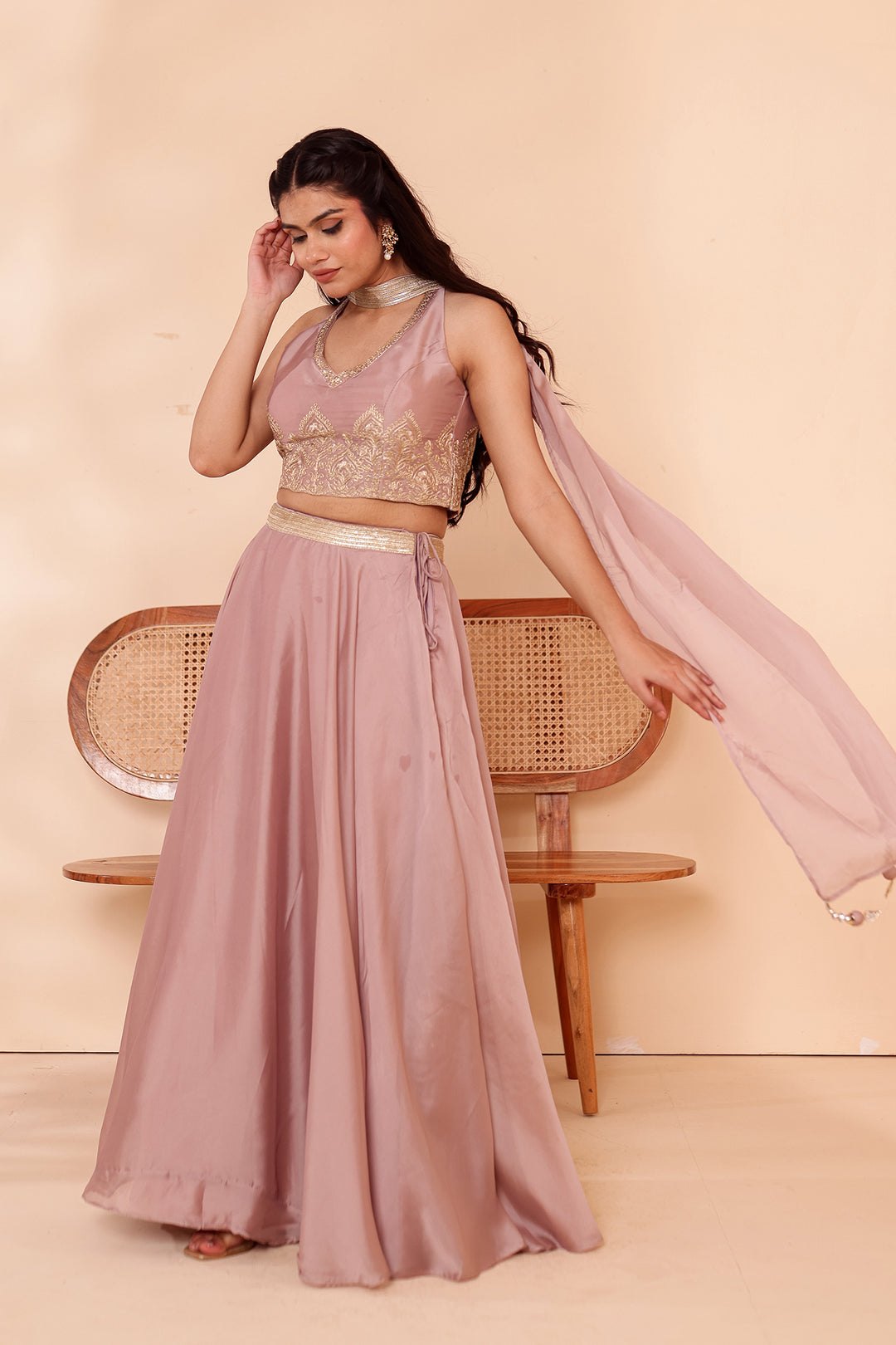 Light Taupe Crepe Tissue Silk Lehenga Choli.
