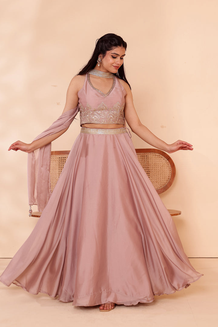 Light Taupe Crepe Tissue Silk Lehenga Choli.